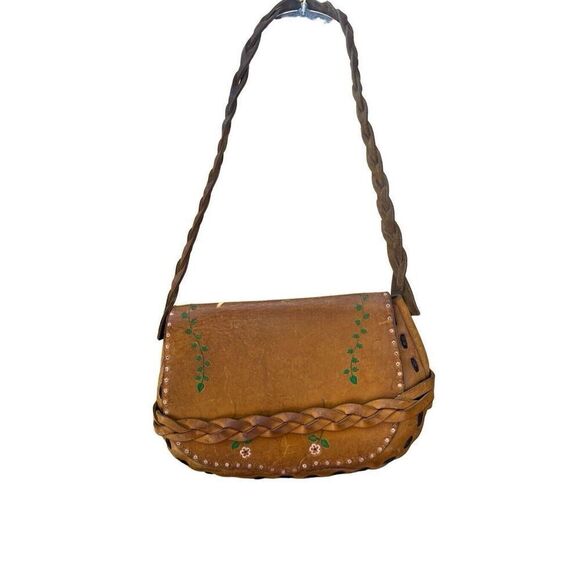Vintage 70’s Leather Crossbody Boho Hippie Purse Handbag Painted Floral Design - Picture 10 of 13